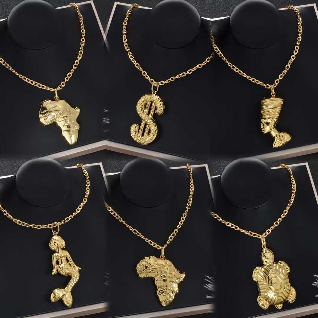 Gilded Africa map pendant with 60cm chain fashion style statement mermaid jewelry womens temperature chain 240910
