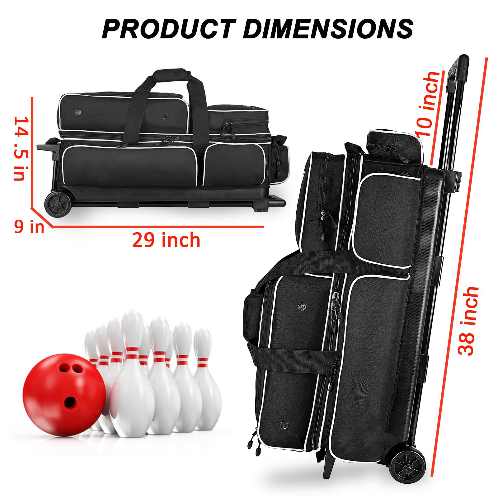 3 Bowling Ball Bag With Wheels - Rolling Bag for Balls & Accessories - Retractable Handle Extends to 38"