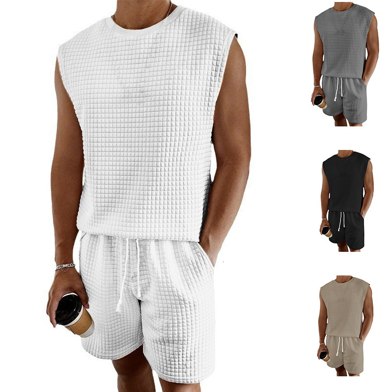 2025 New Men's Sports Summer Casual Small Checkered Sleeveless Tank Top Shorts Set