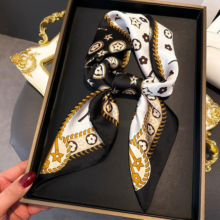 70x70cm Simple Geometric Printing Floral imitate Silk Scarf Headband for Women Girls Fashion Long Handle Bag Scarves Paris Shoulder Tote Luggage Ribbon Head Wraps