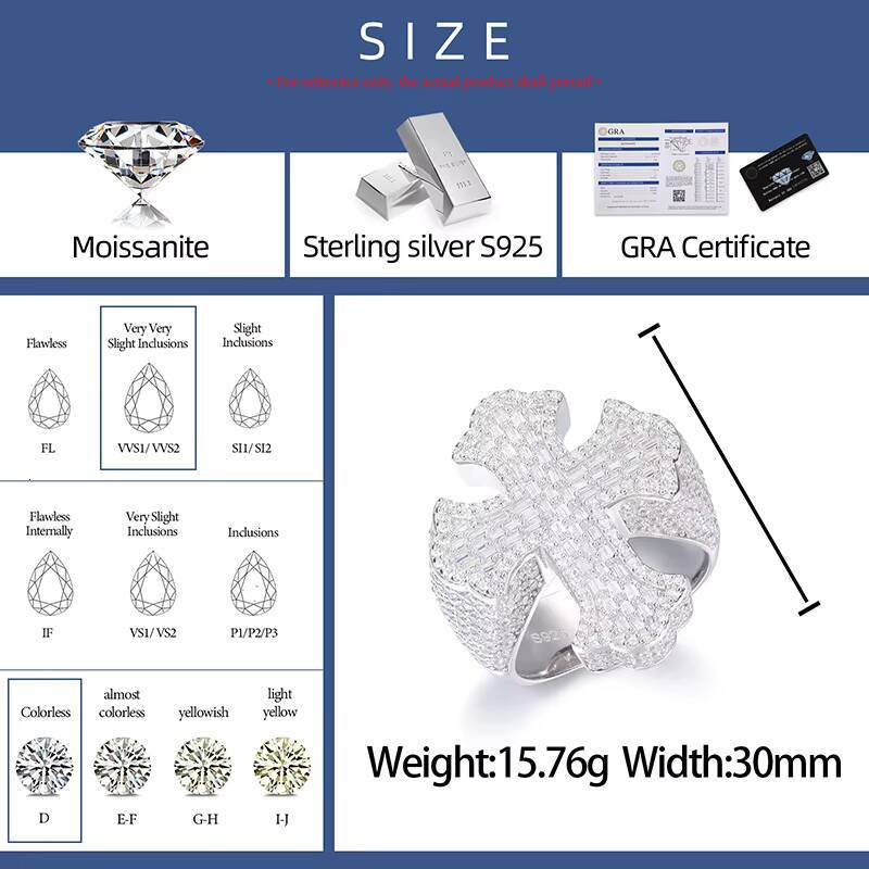 Wholesale High Quality Micro VVS Baguette Moissanite Cross Ring White Gold 925 Sterling Silver Hip Hop Rappers Jewelry for Men