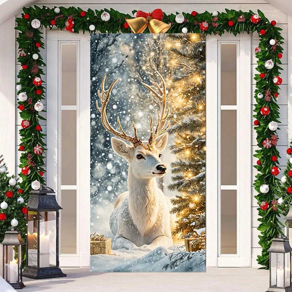 White Elk Snowy Scene Banner Xmas Door Cover Decoration Polyester Merry Christmas Winter New Year Holiday Photo Booth NavidadM251115