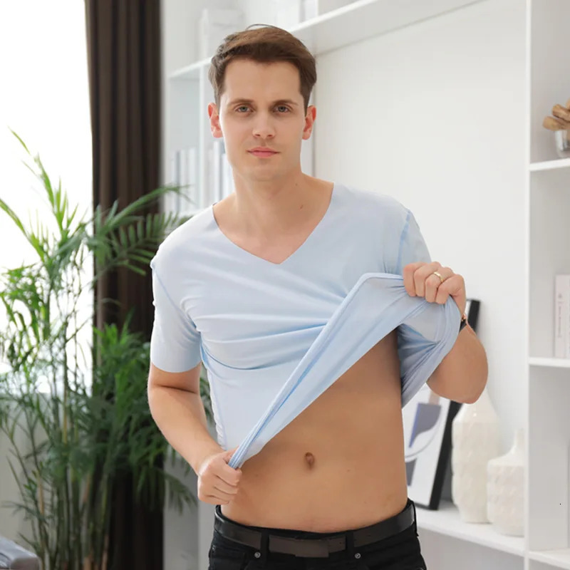 Summer mens ice silk vest short sleeved Tshirt Vneck top breathable thin seamless underwear 250407