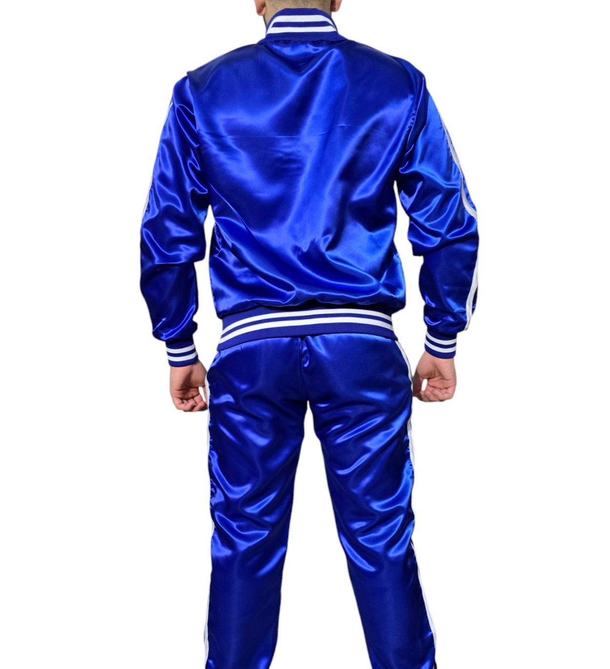 Blue Shiny Royal Satin Tracksuit with White tripes for men and women