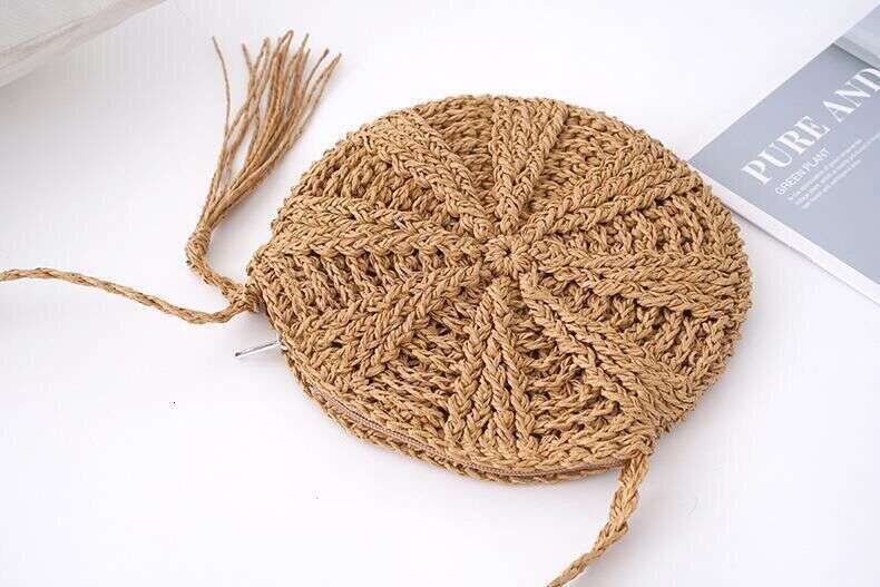 Handmade Beach Bag Trendy Season Football Simple Round Tassel Windmill Small Hand-Held Diagonal Cross Beach Bag, Crochet Woven Bag Kq2