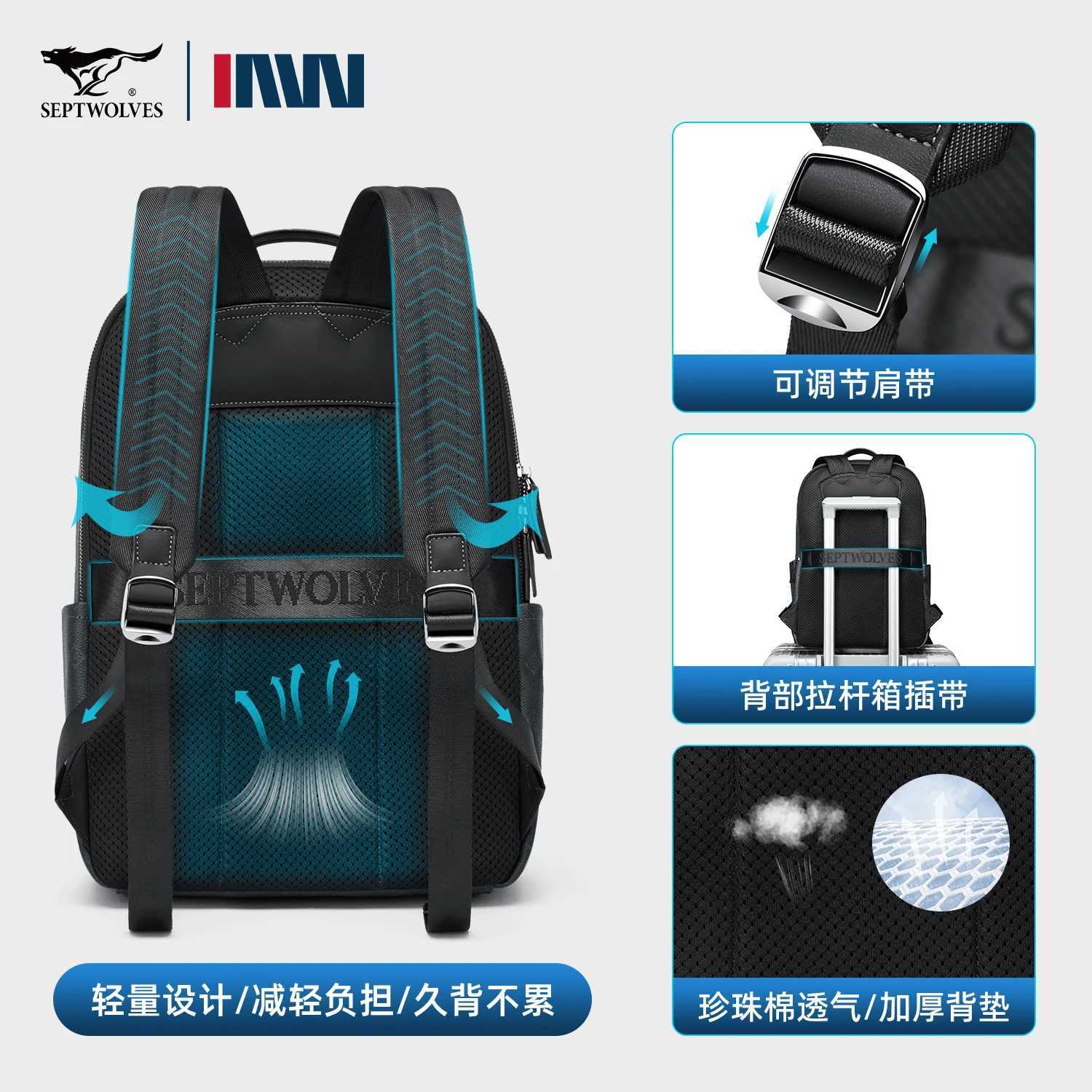 Septwolves Luxury Leather Backpack for Men Monogram Printed Stylish Laptop Backpack 15 Inch Travel Bag Black Business BackpackW251114
