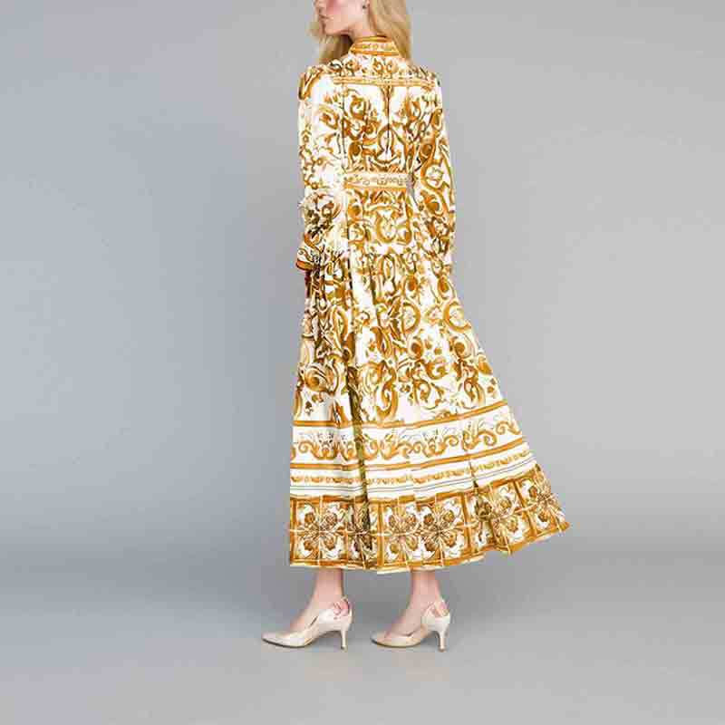 V42Chic and Trendy Women's Long Swing Dress Featuring Delicate Prints and Sophisticated Lacing