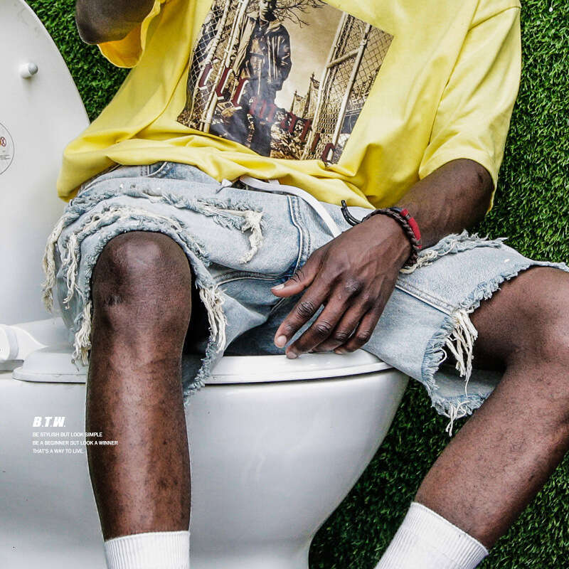 BTW Street Fashion Brand Summer Hiphop Perforated Shorts Men's Hip Hop Ragged Edge Beggar Cowboy Split Pants Instagram