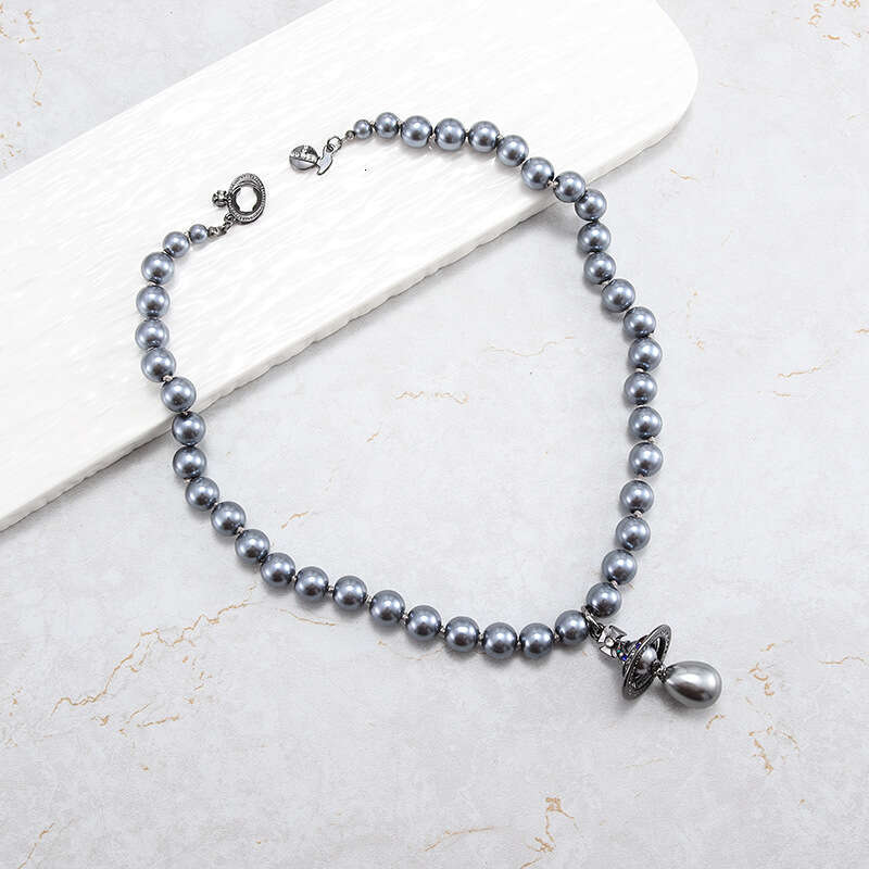 Empress Dowager Xi's Single Layer Gray Pearl Necklace With Three Dimensional Saturn UFO Water Droplet Pendant, Light And Clavicle Chain For Women