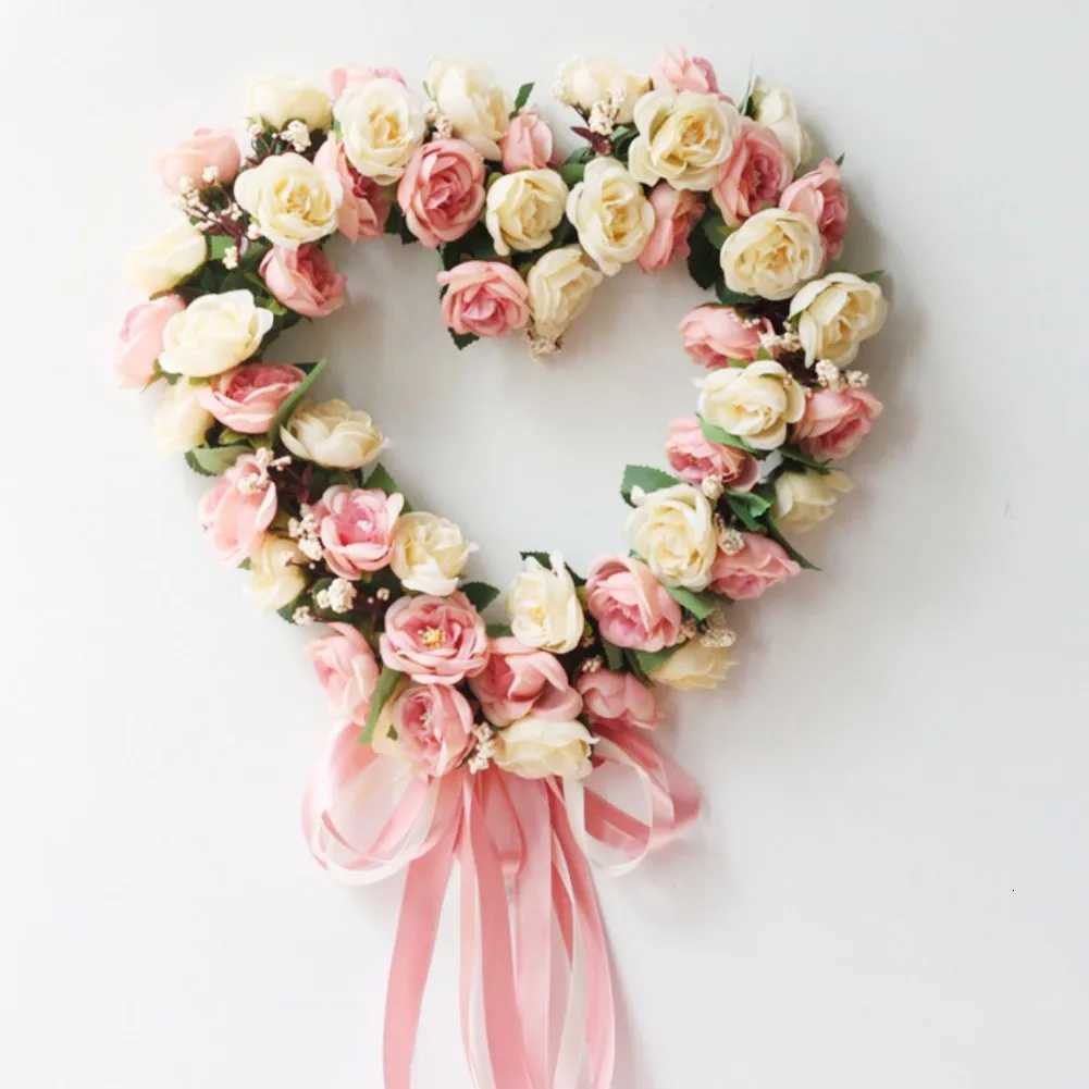 Valentines Wreath For Front Door Heart Shape Artificial Rose Flower Garland Silk Fake Peony Wedding Wall Hanging DecorationM251115