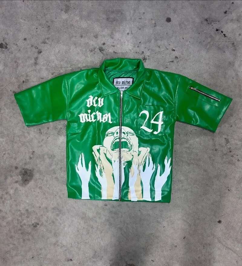 American New Letter Printed Hip-hop PU Short-sleeved Shirt Ladies Y2K Haruku Vintage Rock Casual Couple Sports Short Sleeves