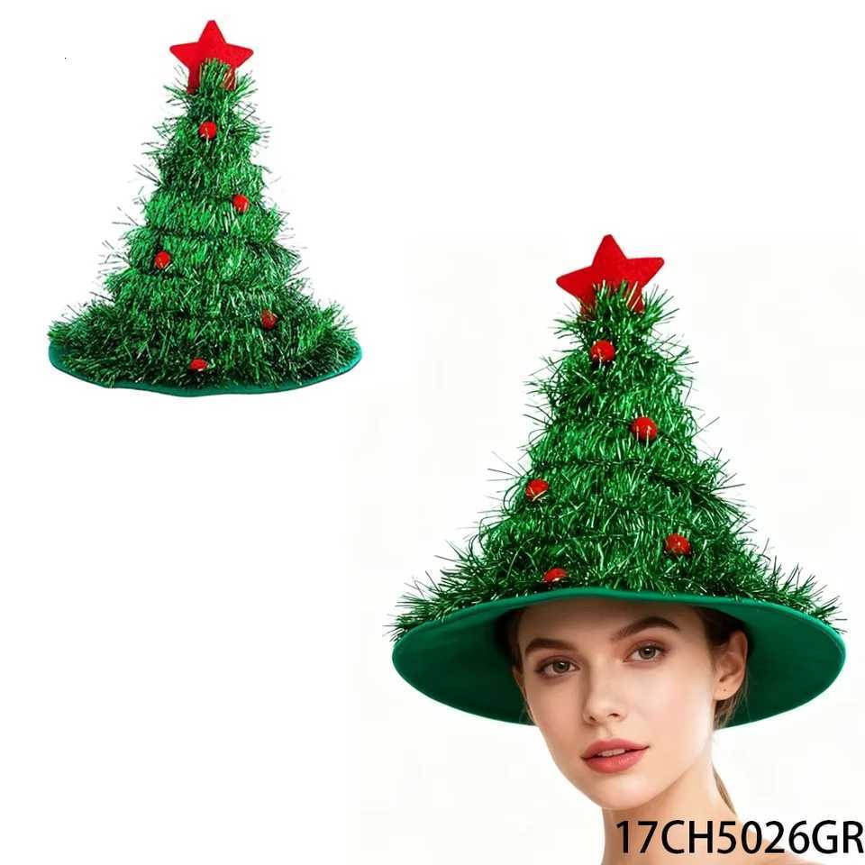 PESENAR Green Tinsel Christmas Tree Hat with Red Star and Baubles - Add a Whimsical Touch to Your Holiday Look Y251115