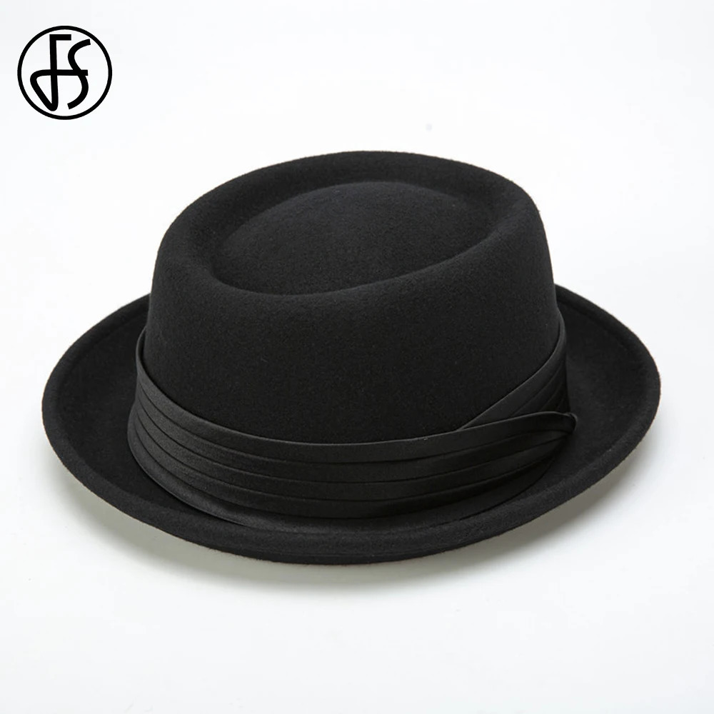 FS Roll Brim Black Pork Pie Hat For Men Ivory White Wool Fedoras Deep Camel Jazz Cap Church Panama Gangsters Caps Gentlemen 250407