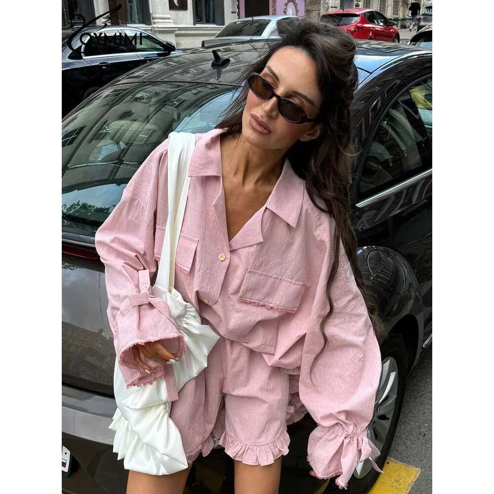 Oymimi Elegant Pink Cotton For Women 2 Pieces Fashion Pockets Long Sleeve Lace-Up Shirts And High Waist Ruffled Shorts Sets
