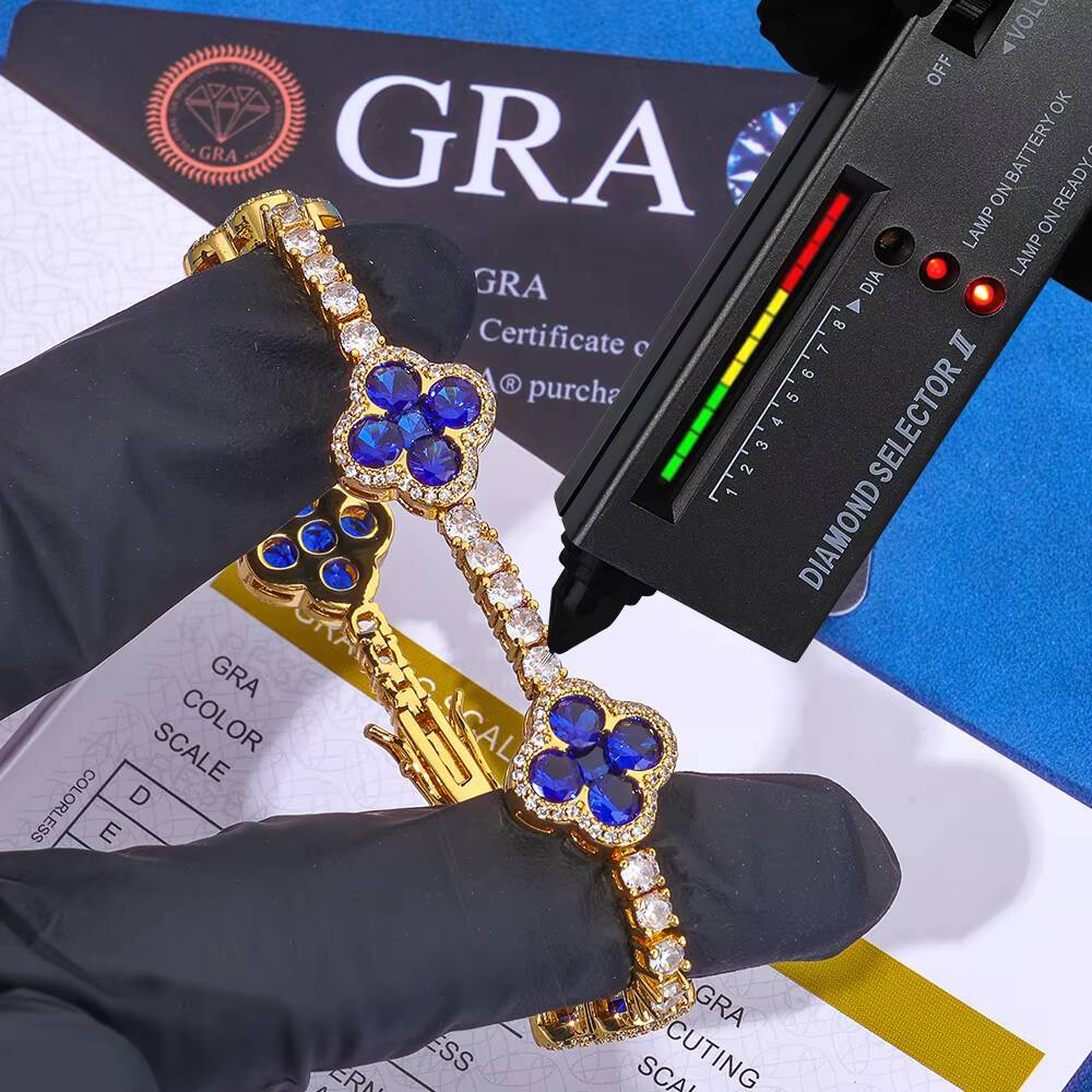 Eskeem Luxury Jewelry Bracelet 925 Sterling Silver VVS Moissanite Blue Clover Fashion Unisex Gift Pass Diamond Test