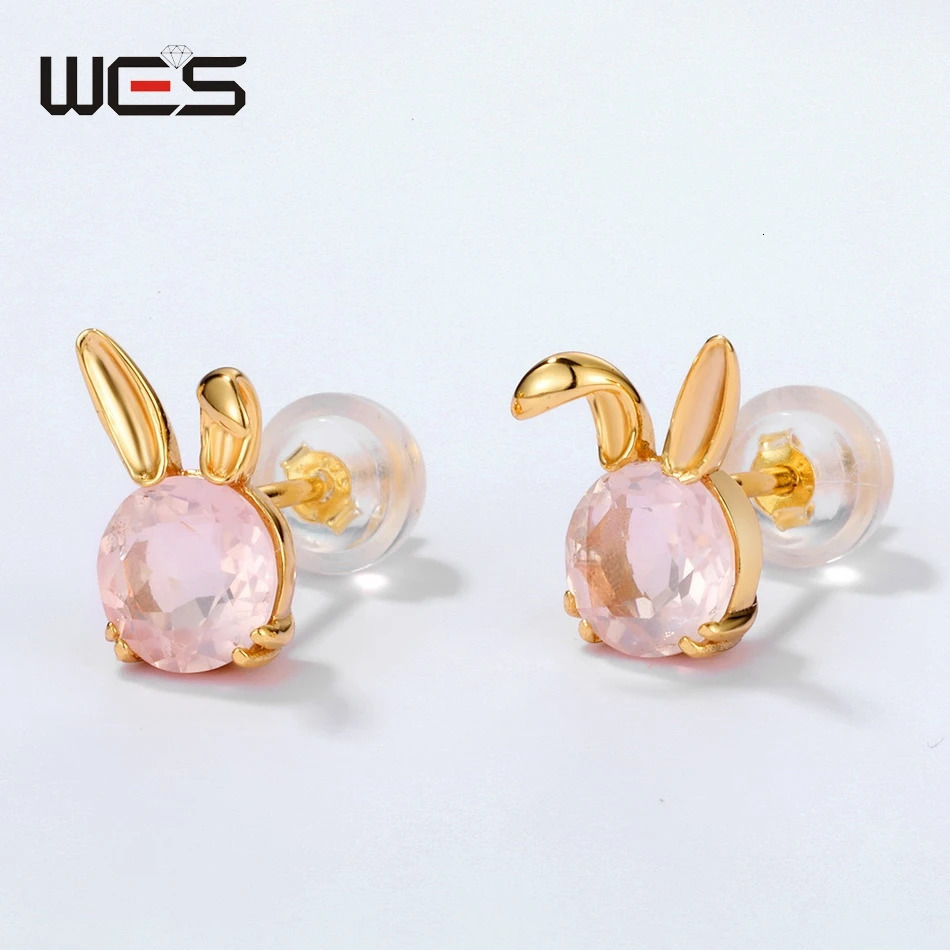 WES 925 sterling silver cute rabbit earrings suitable for women natural gemstones 6 * 6mm mousse agate rose quartz Christmas wedding gift 250409