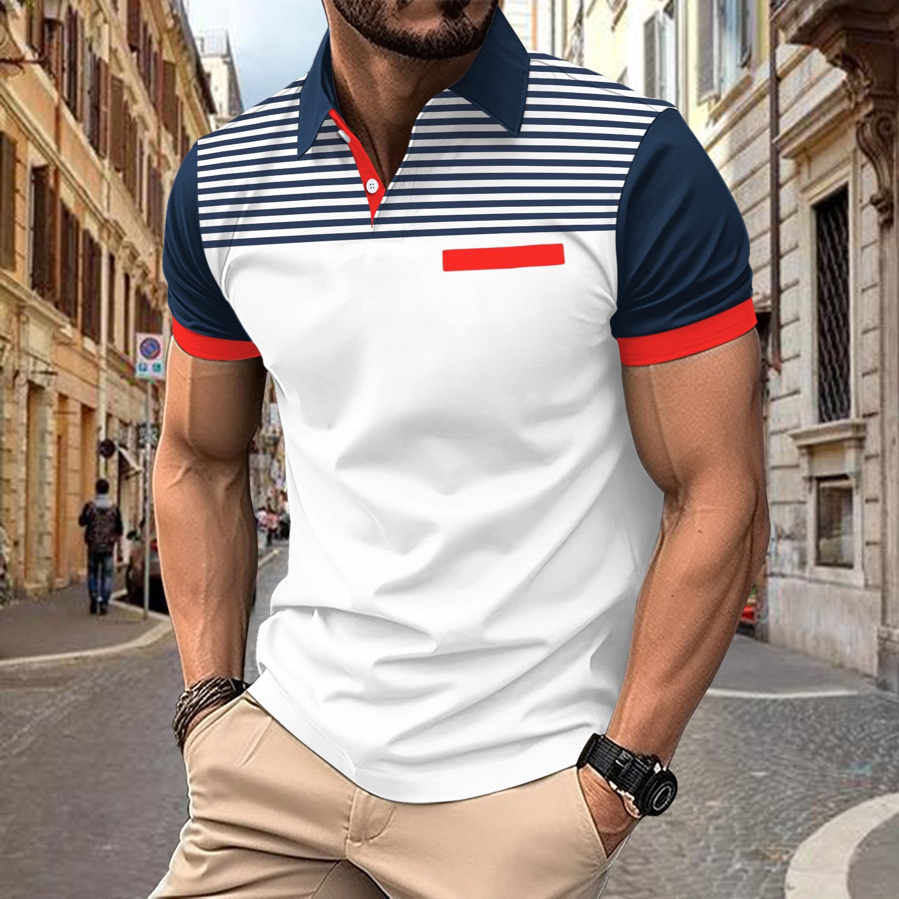 Summer new mens polo shirt casual breathable striped printed short sleeved polo shirt