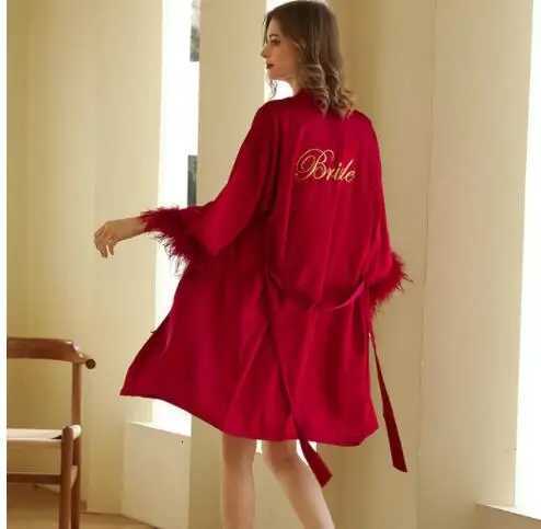 Wedding Party Bride Bridesmaid Robe Embroidery Kimono Female Satin Bathrobe Loose Sleepwear Gown Feather Fashion Home Dress C251115