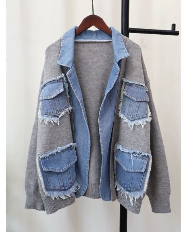Women's Jackets 2023 Autumn Winter Women Splicing Denim Jacket Long Sleeve Jean Female Loose Sweater Cardigan 231109