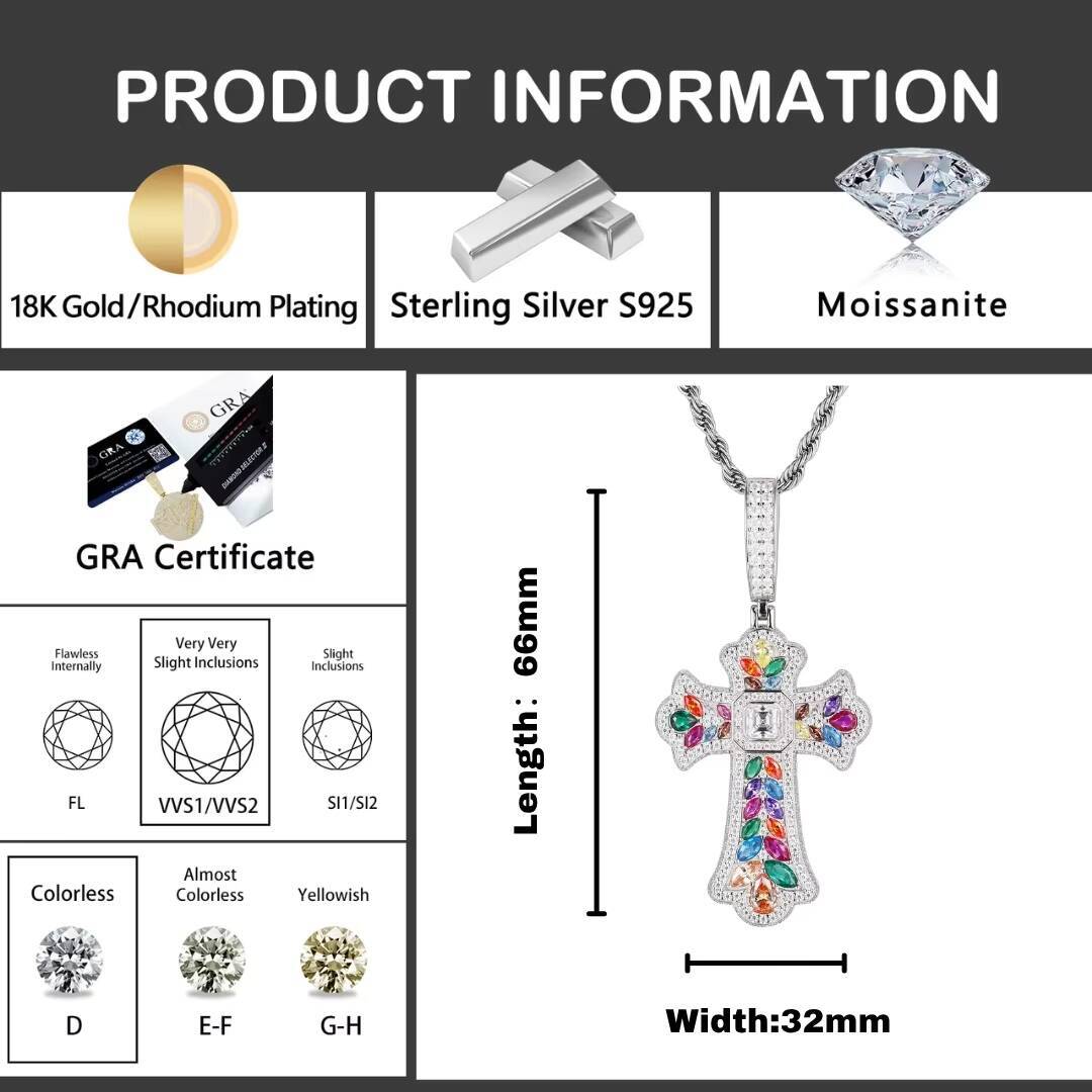 High Quality 925 Sterling Silver Gold/Silver Plated Hip Hop Colorful Zircon Wheat Cross Moissanite Pendant Vintage Versatile