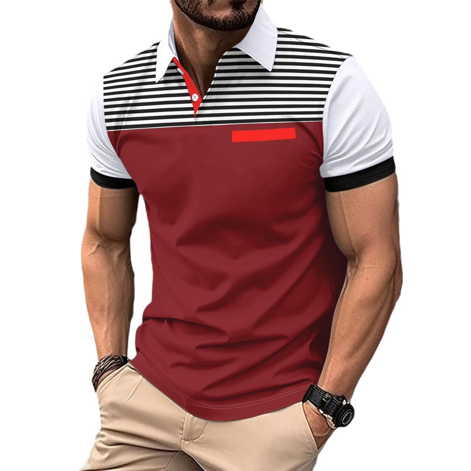 Summer new mens polo shirt casual breathable striped printed short sleeved polo shirt