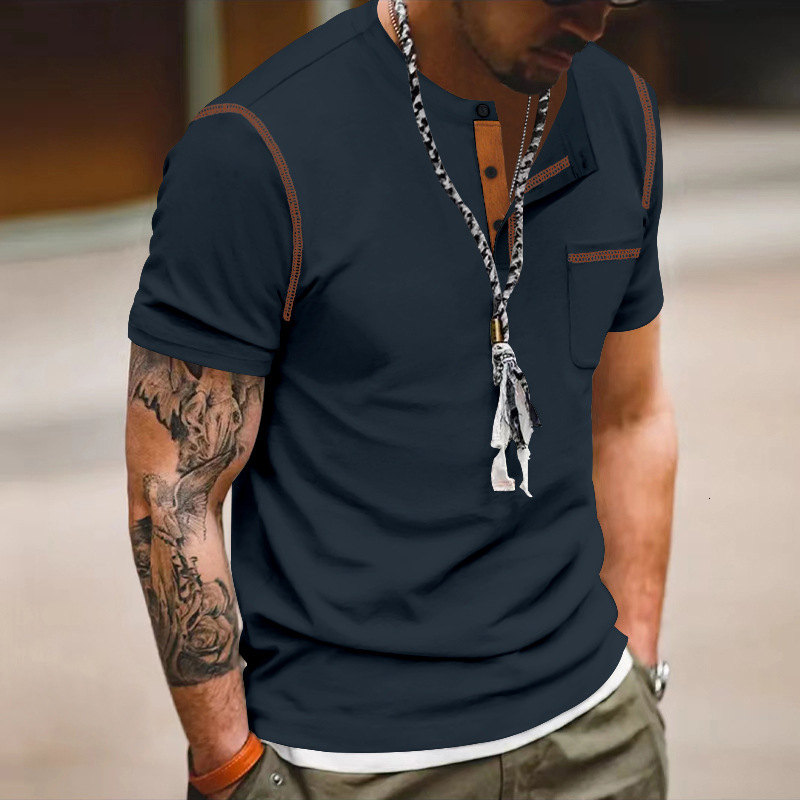 2025 Short sleeved Summer Henley Shirt Color blocked T-shirt Men's