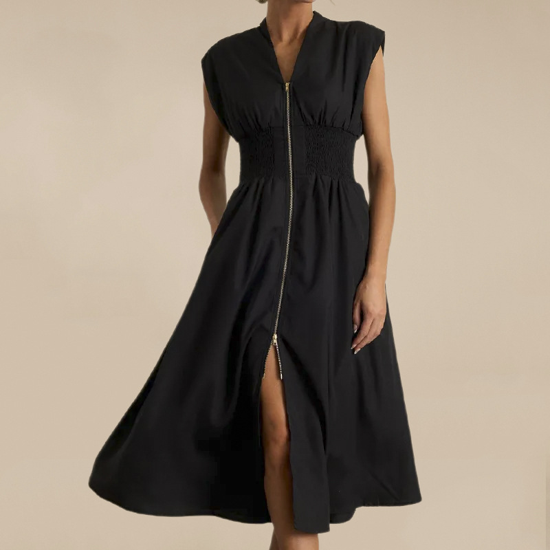 X42Chic Hepburn Fashion V-Neck Dress - Stylish High Waisted Skirt with Zipper Closure for Summer