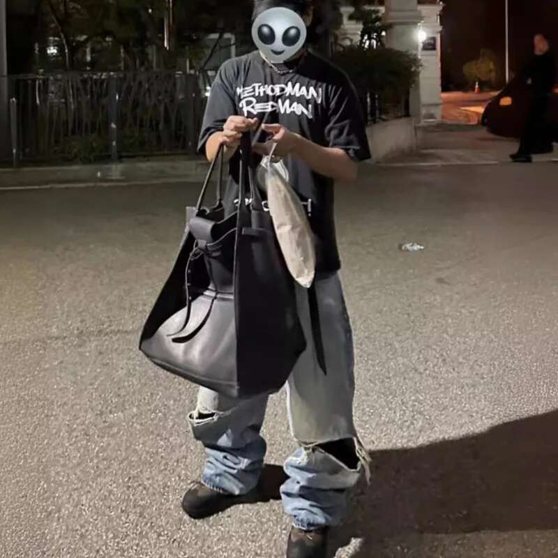 High Street Korean Trendy Washed Knee Cutting Hole Distressed Straight Jeans For Men 2025 New Loose Denim Pants 28W5420