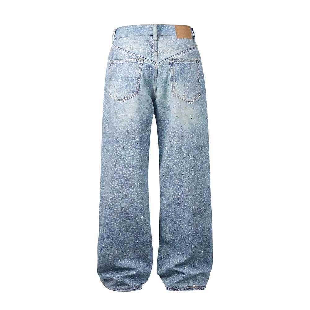 Full rhinestone print washed blue pocket jeans for men and women Ropa Hombre Strtwear solid casual denim Trouser loose cargo X250415