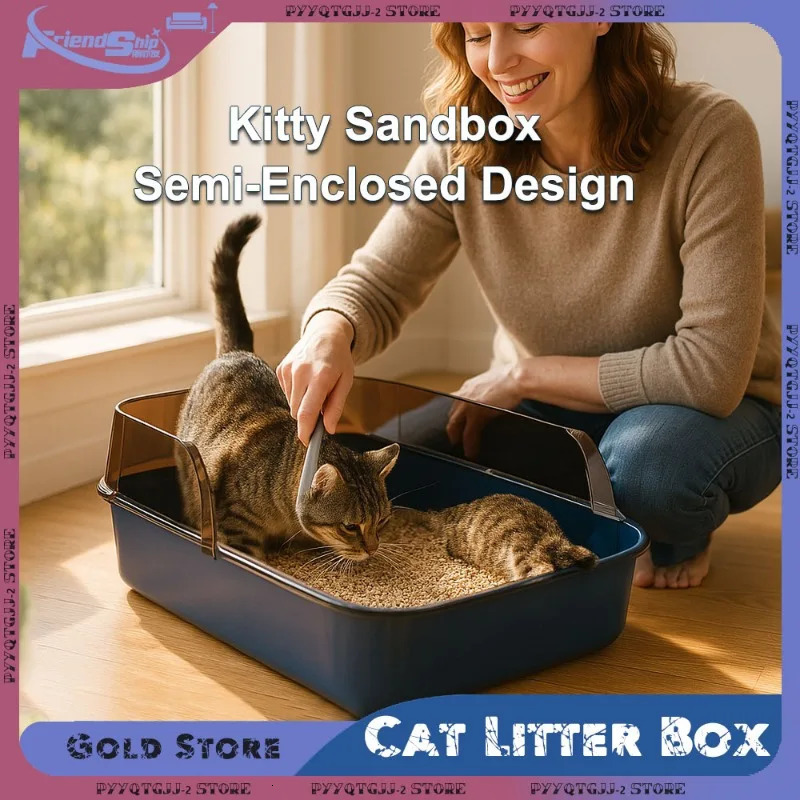 Semi-Enclosed Cat Litter Box High Side Splashproof n Large Capacity Kitty Sandbox with Litter Scoop Easy Clean Pet Supplies 250414