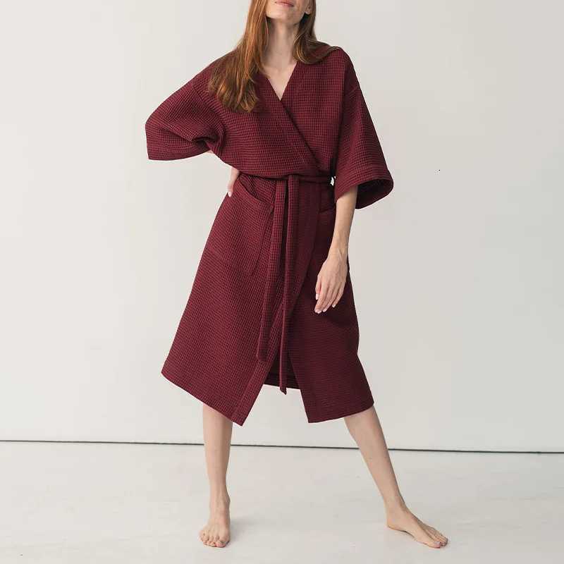 Cotton Waffle Night Robe Women Solid Knitted Elegant V Neck Pajamas with Belt Harajuku Bathrobe Night Wears for Women C251115