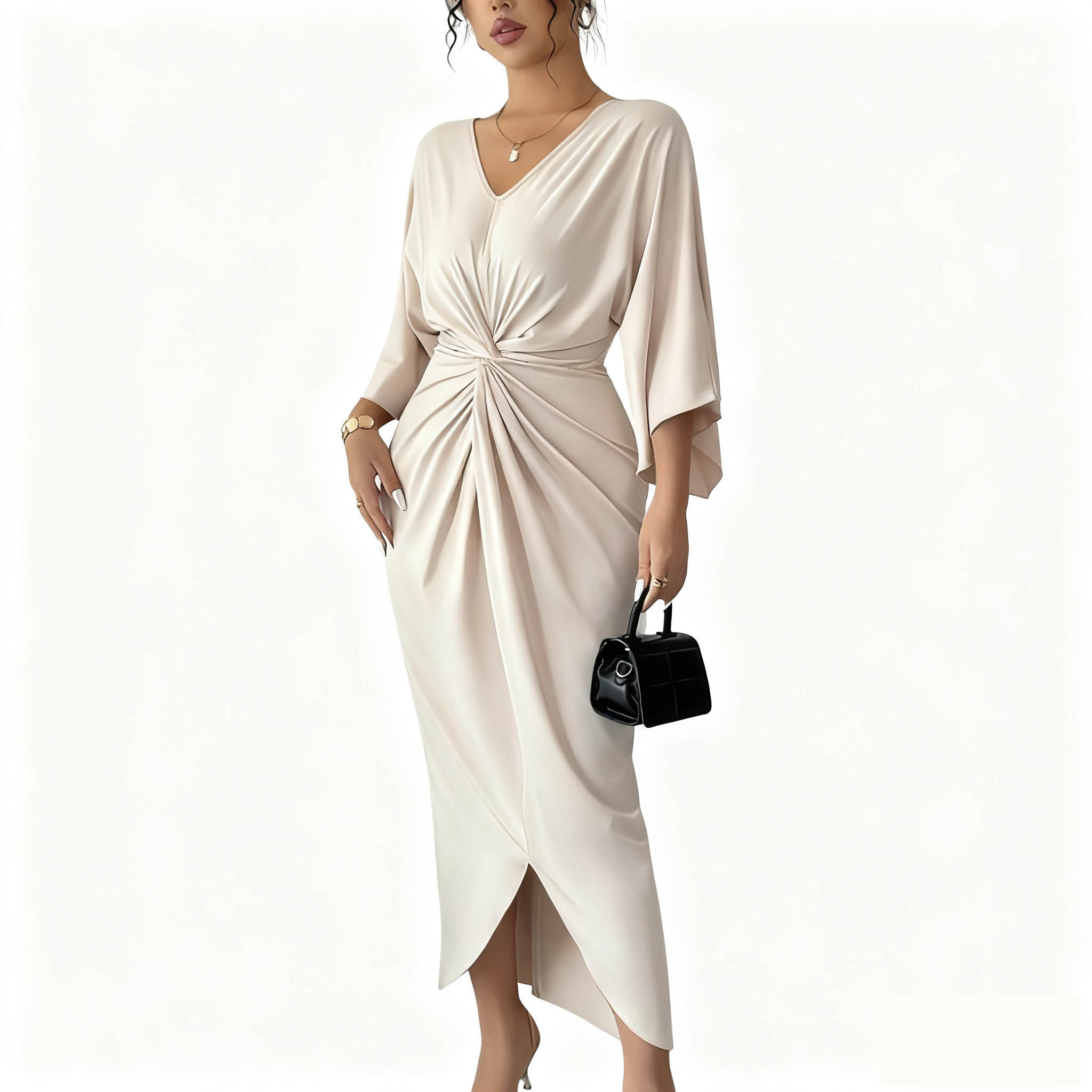 Urban Sexy Dresses Women's Beige Satin Bodycon Midi Dress - V-Neck Batwing Sleeve Twist Front Split Dress, Elegant Evening Party & Formal Occasio