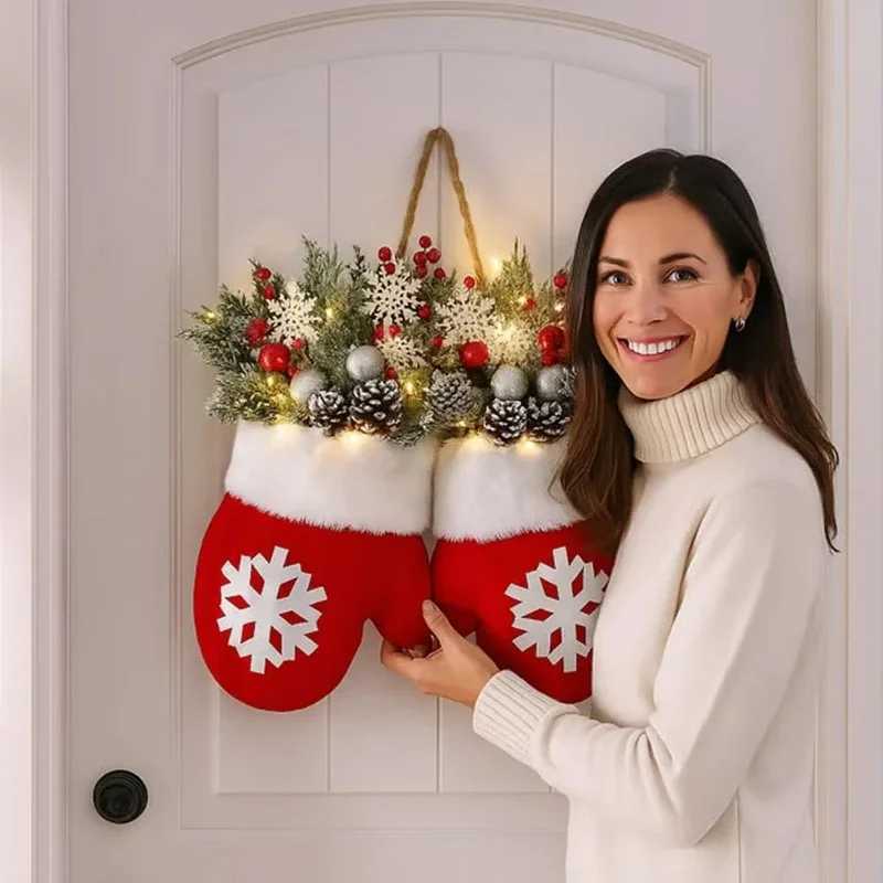 2025 Christmas Garland Creative Glove Shaped Simulated Flower Wreath Window Door Gate Decoration Door Sign Xmas Party DecorationM251115