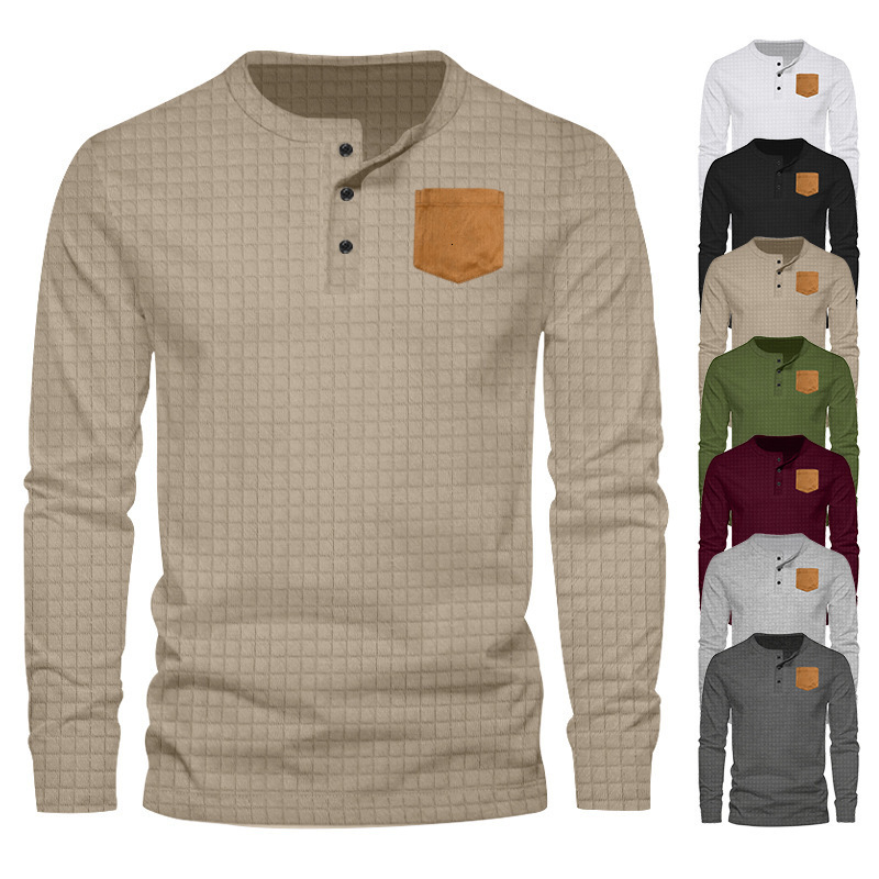 2025 Spring and Autumn Leisure Long Sleeve Jacquard Small Square Solid Color Buckle Slim Fit Patch Bag Hoodie T-shirt Sweatshirt for Men