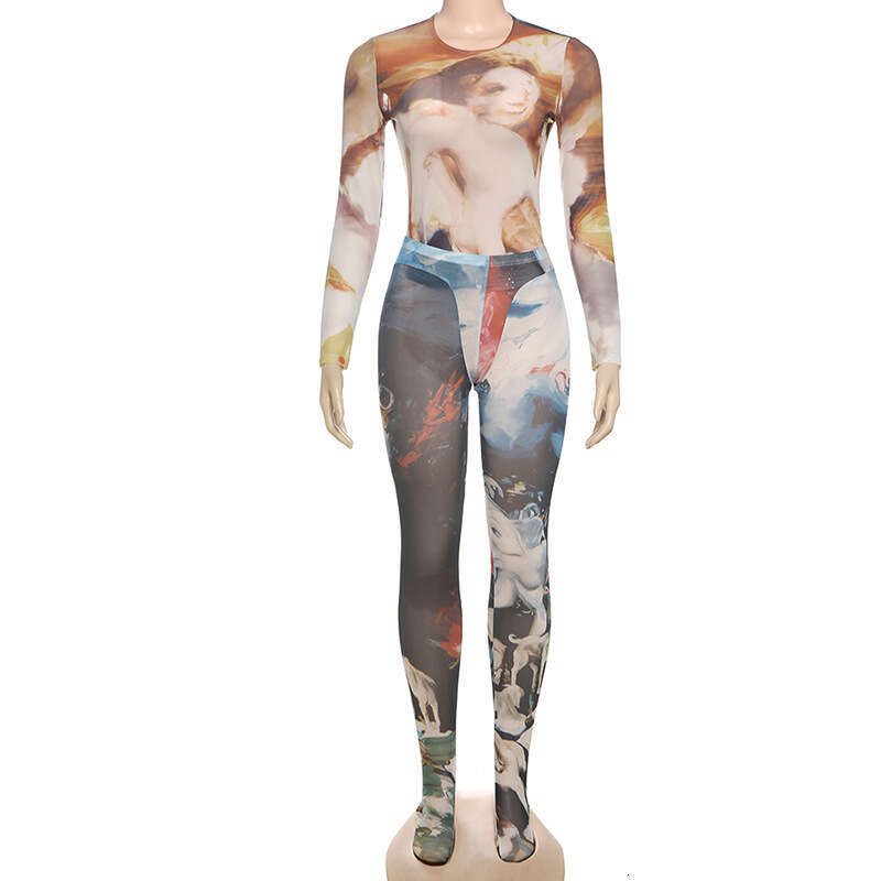 Women's Wear Spring New Women's Fashion Trendy Round Neck Mesh Abstract Printed Foot Stepping Pants Two Piece Set