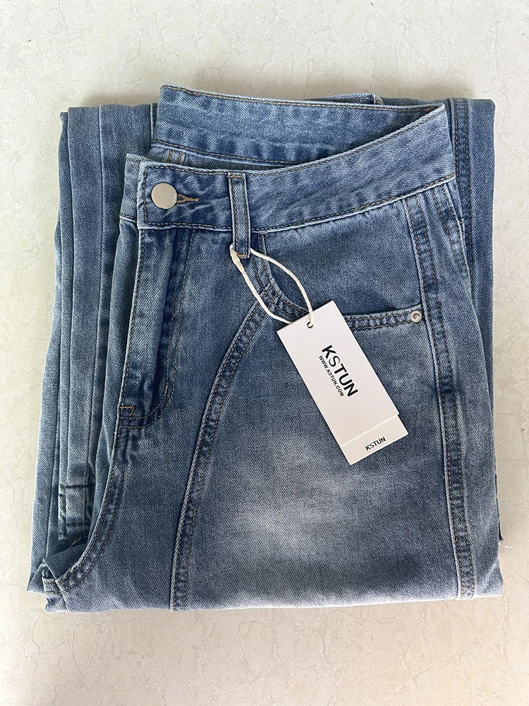 KSTUN Summer Womens Pocket Jeans Wide Leg Jeans Blue Loose High Waist Womens Jeans 250415