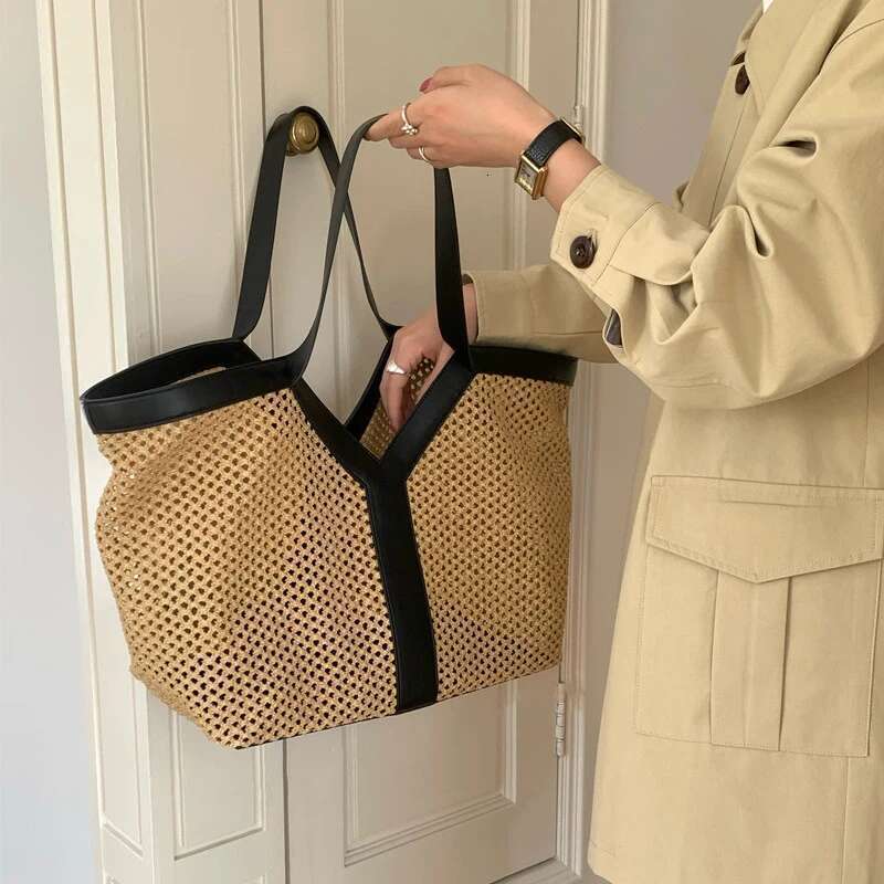 Brand Designer New Y-Shaped Straw Tote Large Capacity Shopping Beach Shoulder Underarm Woven Women's Bag
