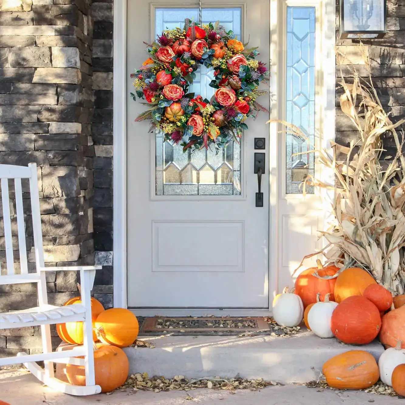 40cm Fall Peony and Pumpkin Wreath Simulation Garland for Front Door Farmhouse Decor Festival Celebration Thanksgiving WreathM251115