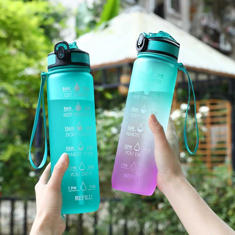 1L Sports Water Bottle Straw Cup 1 Litro with Time Maker Leak-Proof BPA Free Frosted Cup For Outdoor Sports Drinking BottleW251114
