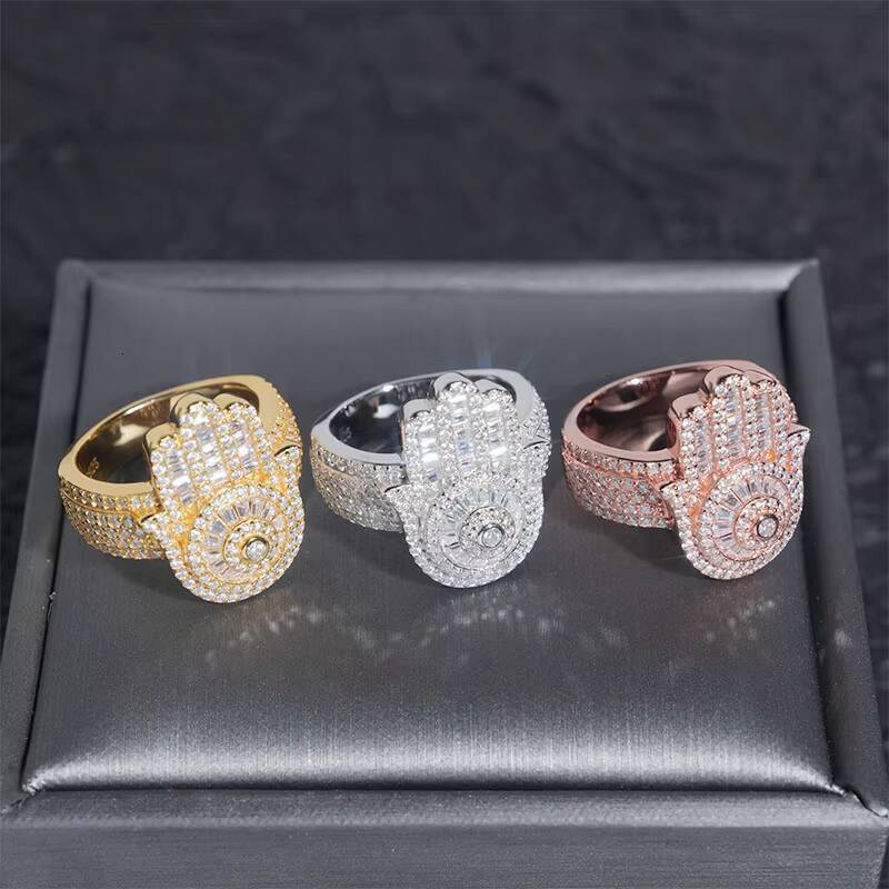 Hip Hop New Arrivals 925 Sterling Silver VVS Mossanite Ring Diamond Men Moissanite Hamsa Ring Iced Out Rings