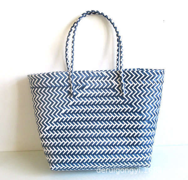 Handmade Beach Bag New Plastic Strapping, Woven Hand-Held Vegetable Basket Striped Color Blocked Beach Bag, Fashionable Women's Bag Kq2