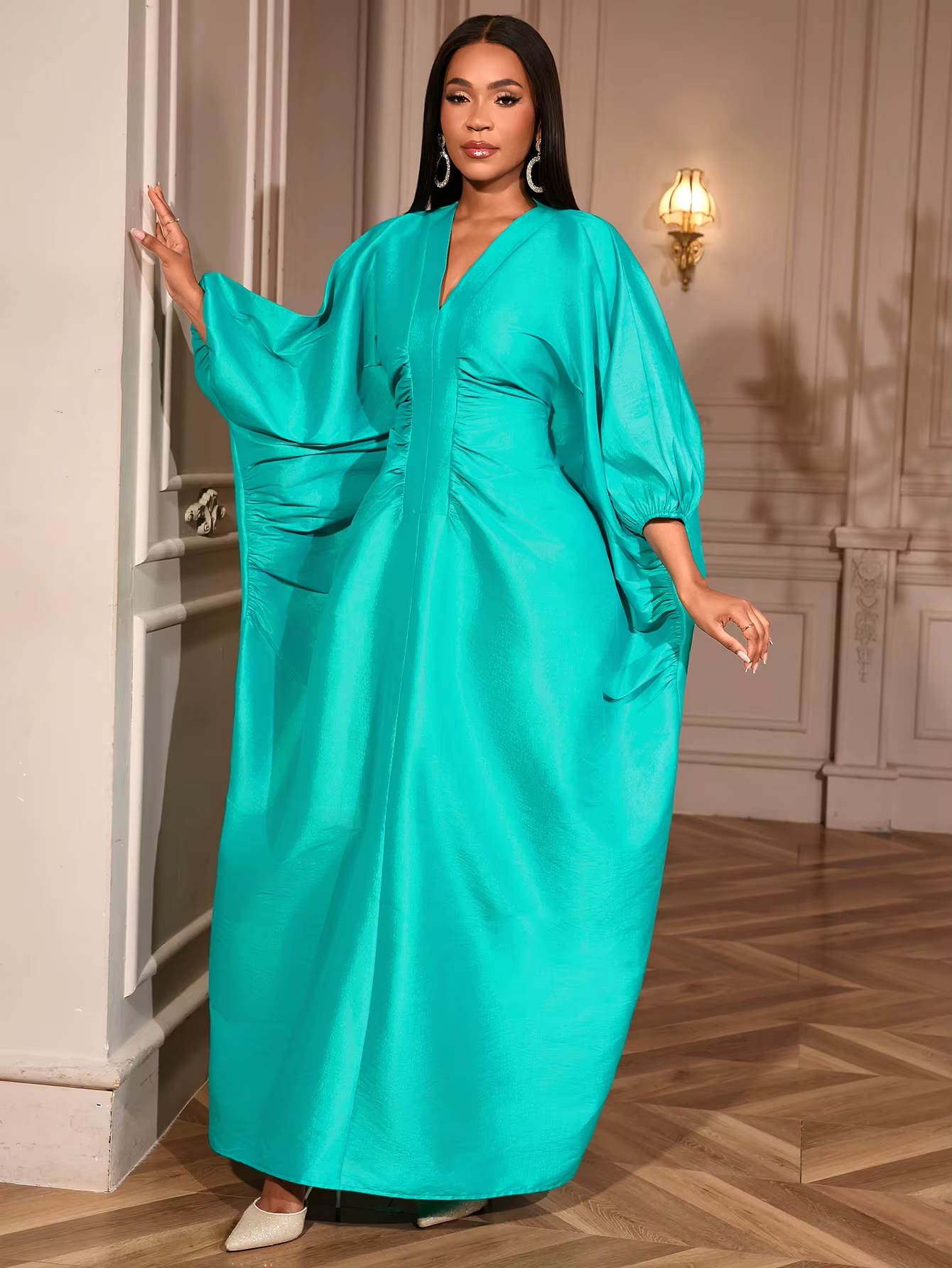 Elegant Long Loose Bubu Dresses African Ruched Batwing Sleeve V Collar Plus Size for Women AM050759