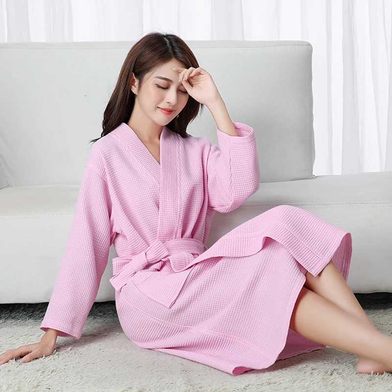 Solid Waffle Robe 100 Cotton Long Robe Women Soft Bath Robe Ladies Casual Nightrobe highly absorbent Sleepwear Loose Homewear C251115