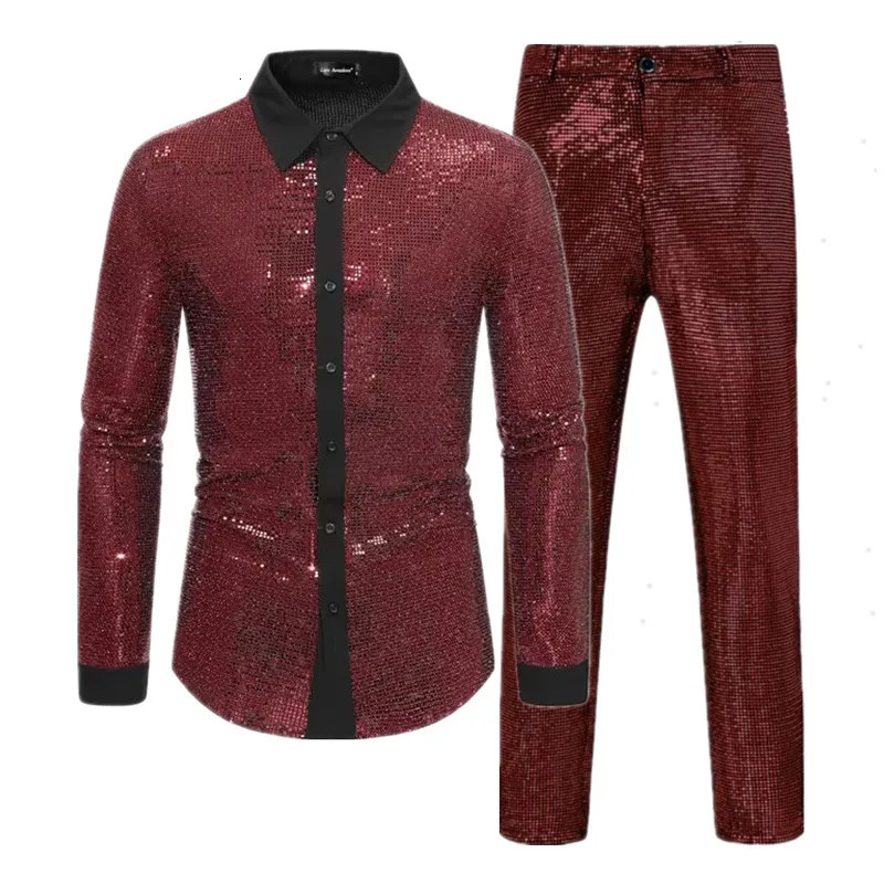 Summer Men Sequin Casual Sets Gold Silver Fashion Singer Bar KTV Stage Performance Dress Lapel Shirt and Pants 250409
