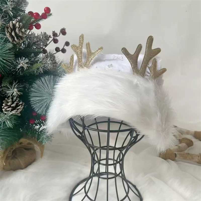 New Arrival Pink Deer Antler Christmas Hat 3147cm Silver-Embossed Snowflake Double-Layer Fluffy Decorative Short Hat Y251115