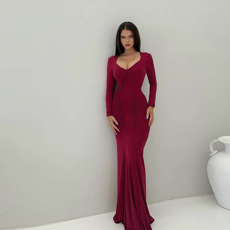 Women's Wear Spring New Women's Sexy Spicy Girl Sleeve V-Neck Solid Color High Waist Slimming Jumpsuit Long Dress