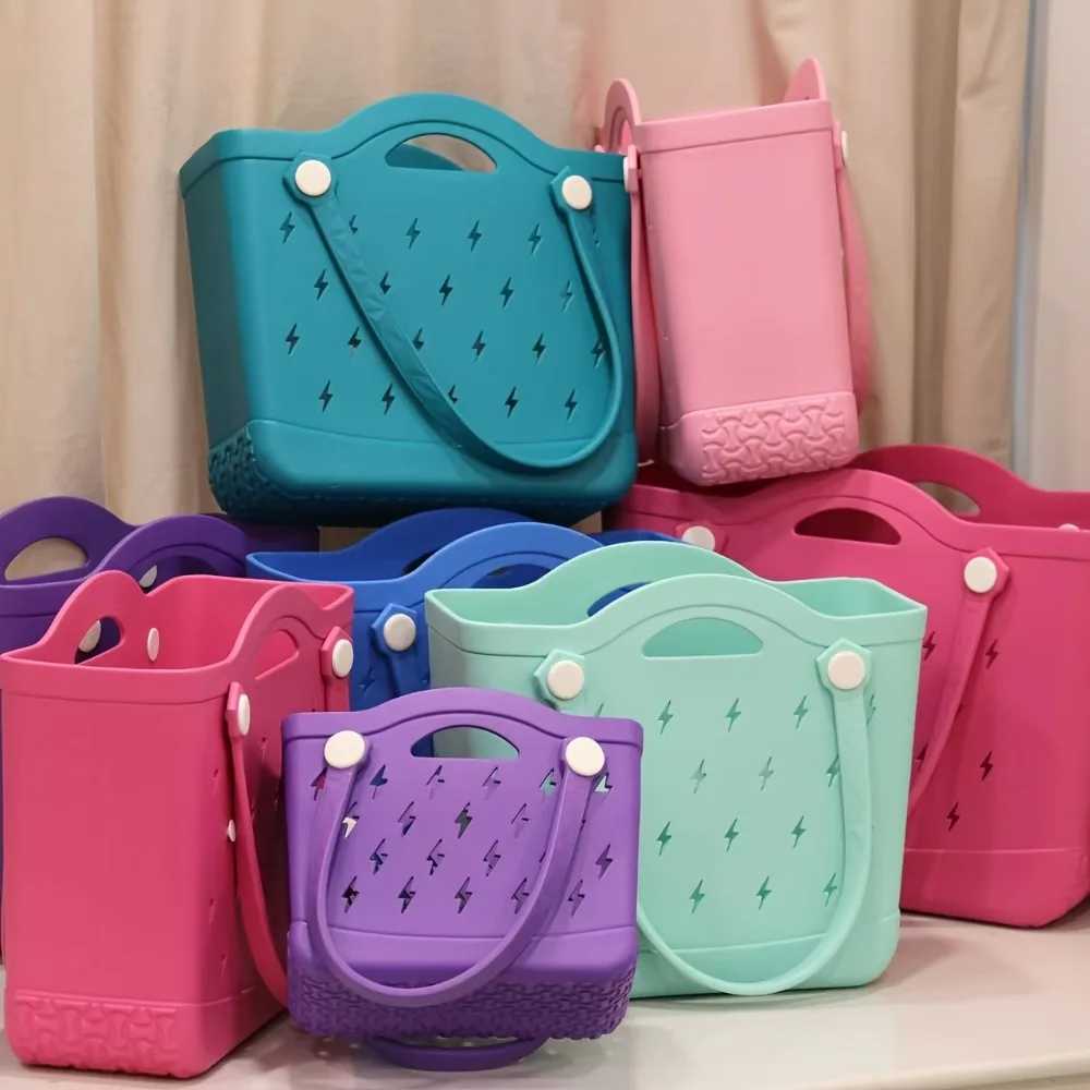 EVA storage basket lightweight waterproof large capacity beach handbag with pink hollow design lightning pattern W250415