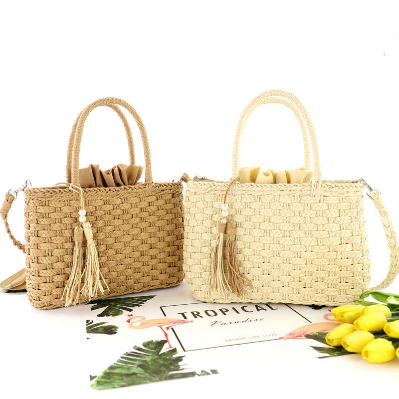 Handmade Beach Bag New Pearl Tassel Woven Hand-Held Diagonal Fashion Women's Beach Bag, Paper Rope Three Strand Braided Bag Kq2