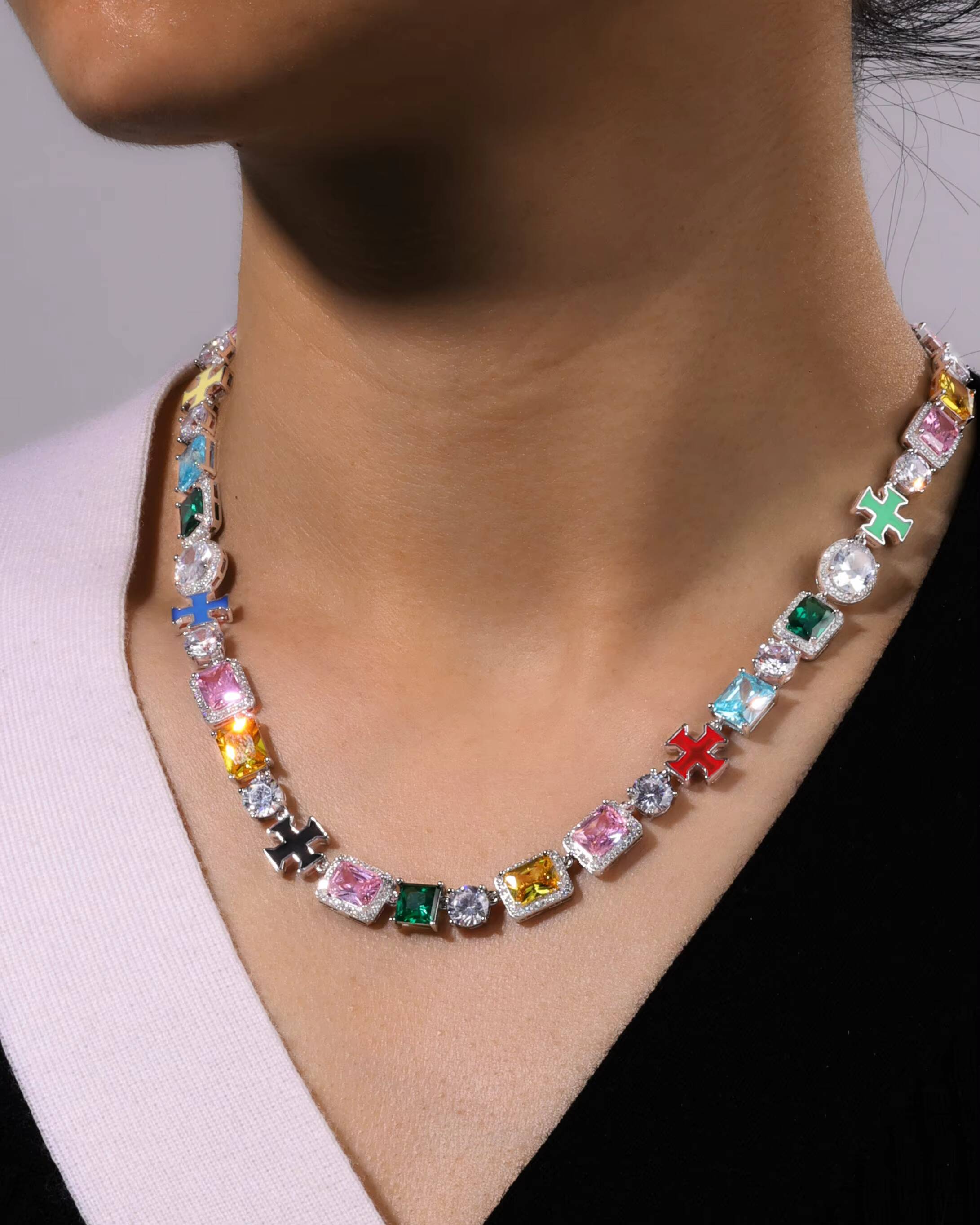 Elegant Rhodium Plated Sterling Silver Tennis Chain Necklace Gemstone Cross with CZ Enamel Accents for Wedding or Gift