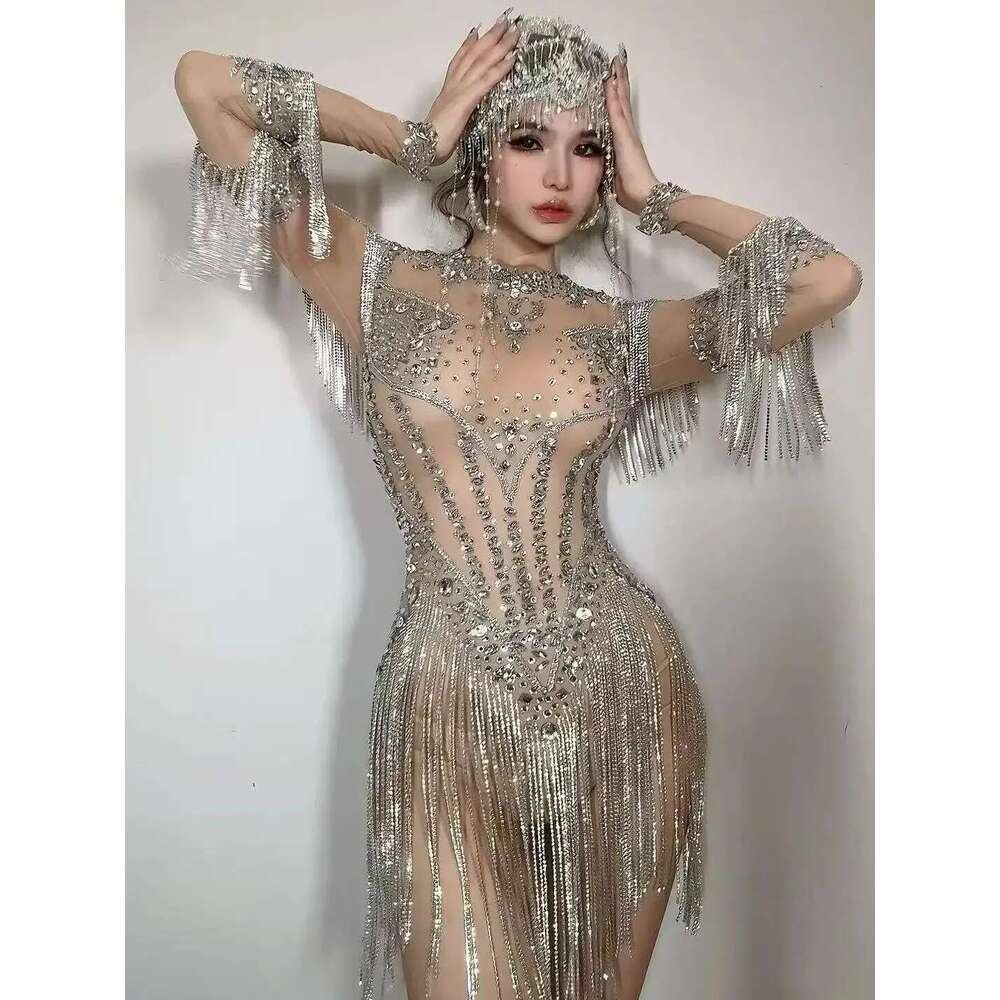Women Sexy High Stretch Performance Dance Costume Nightclub Birthday Evening Party Wear Sparkly Rhie Bodysuit Stage Outfit